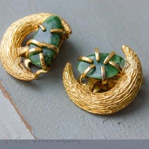 BSK costume jewelry, moon clip on earrings with jade stoneVintage from 1980s